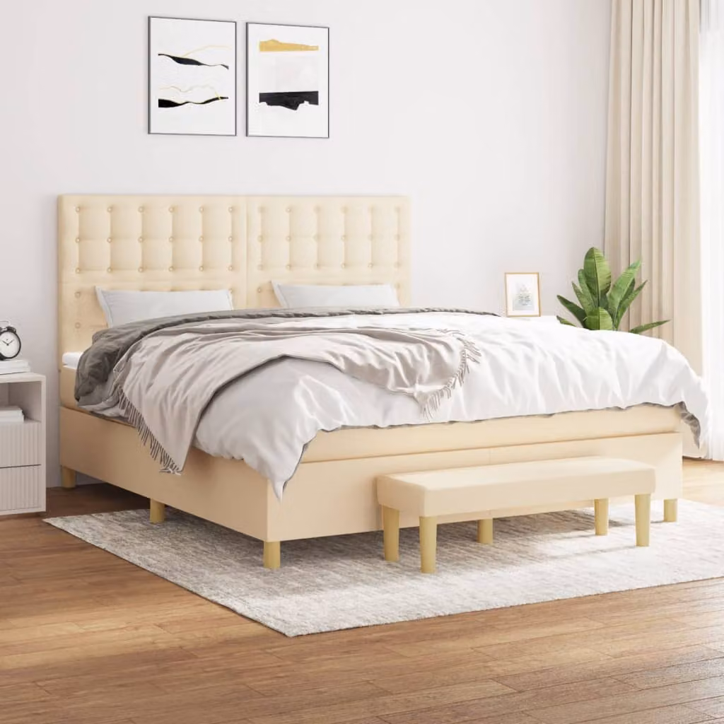 vidaXL Letto Ibrido con Giroletto a Molle e Materasso in Tessuto Beige e Bianco L: 180 cm, P: 200 cm, H: 203 cm