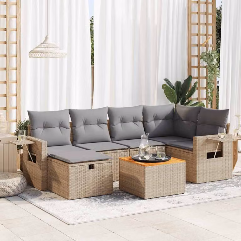 Set da giardino vidaXL composto da 7 pezzi con cuscini beige in polyrattan e struttura in acciaio e legno di acacia