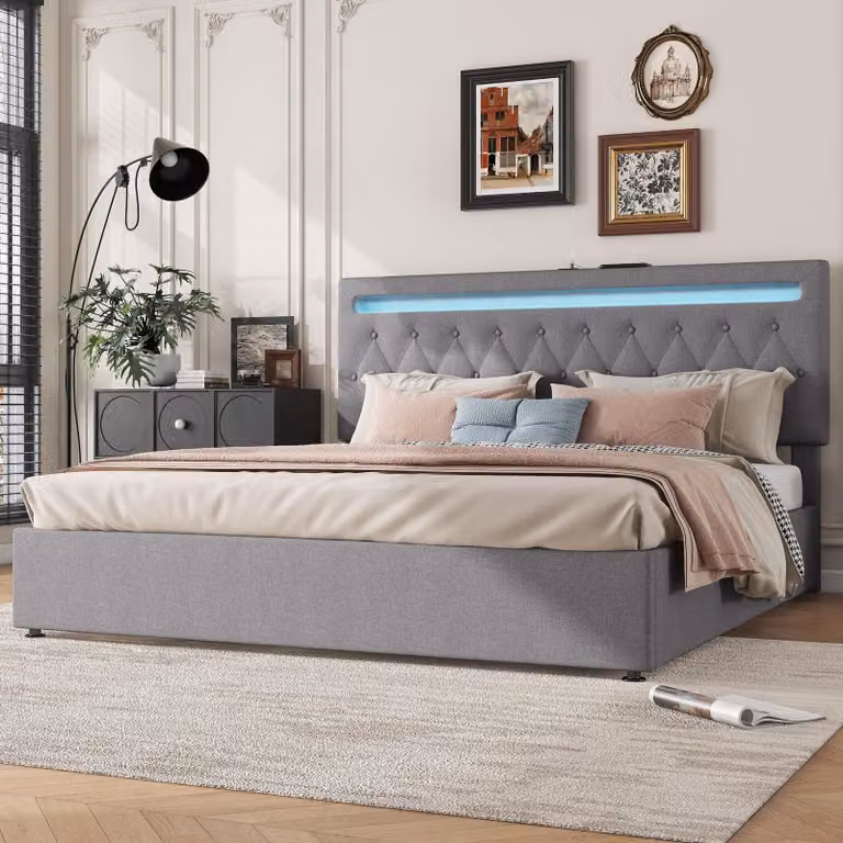 Letto imbottito 180 x 200 cm con spazio contenitore ad apertura idraulica, illuminazione LED controllabile tramite app, porte USB e USB-C, 42 listelli, struttura in MDF rivestita in lino, colore grigio
