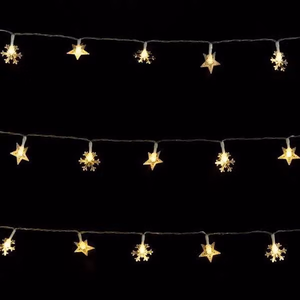 Catena luminosa a LED con stelle e fiocchi di neve, luce bianco caldo, lunghezza 2,5 metri, alimentazione a batteria