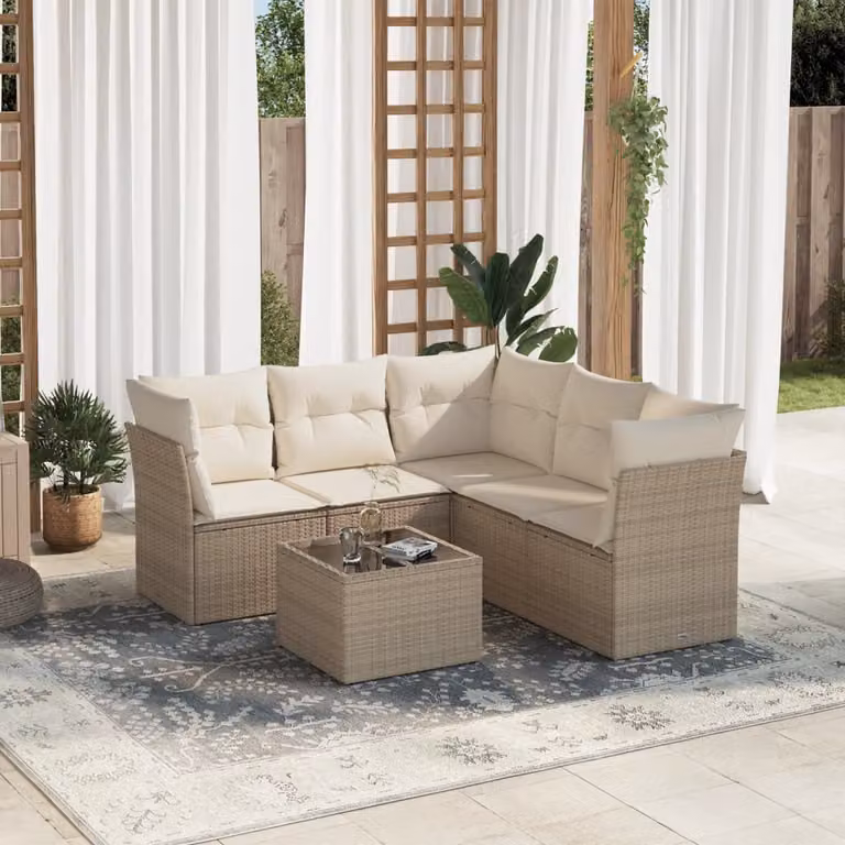 vidaXL Set Divano da Giardino 6 pz a L con Cuscini Beige in Polyrattan e Tavolino in Vetro