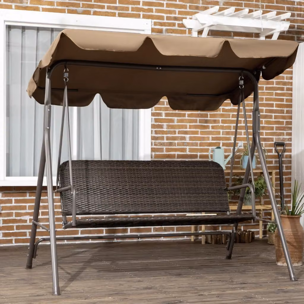 EasyComfort Dondolo da Giardino 3 Posti in Rattan Marrone con Tettuccio Regolabile e Struttura in Acciaio, L: 167 cm, P: 112 cm, H: 153 cm – 2
