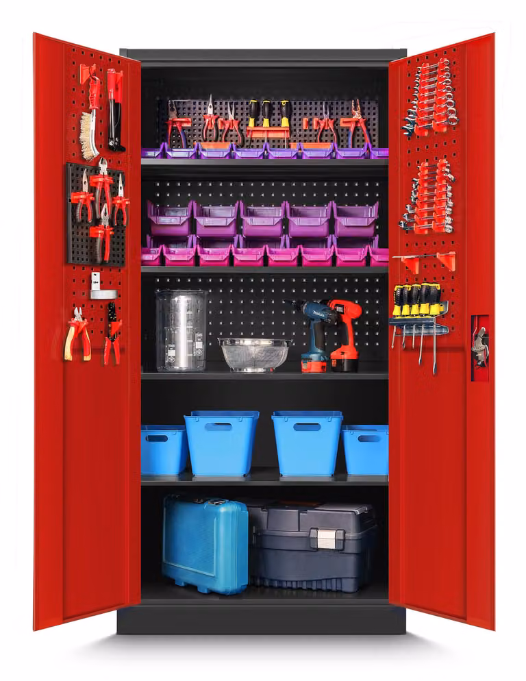 Armadio per officina, dimensioni 185x92x50 cm, realizzato in lamiera d'acciaio, colore antracite/rosso, con 4 ripiani