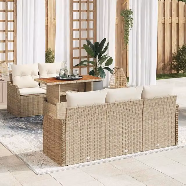 Set Divano da Giardino 6 Pezzi vidaXL in Polyrattan Beige con Cuscini e Tavolino da Esterno