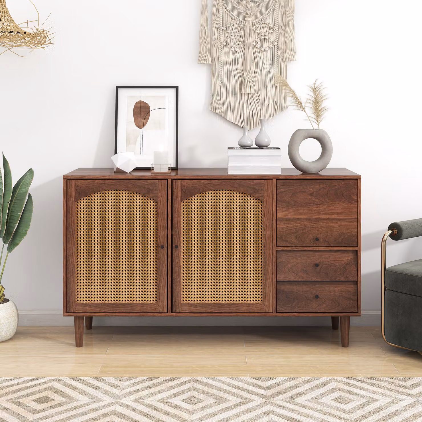 Flieks credenza cassettiera con 2 cassetti e 3 ante con ripiani regolabili, mobili soggiorno rattan legno massiccio 130*75,5*40cm