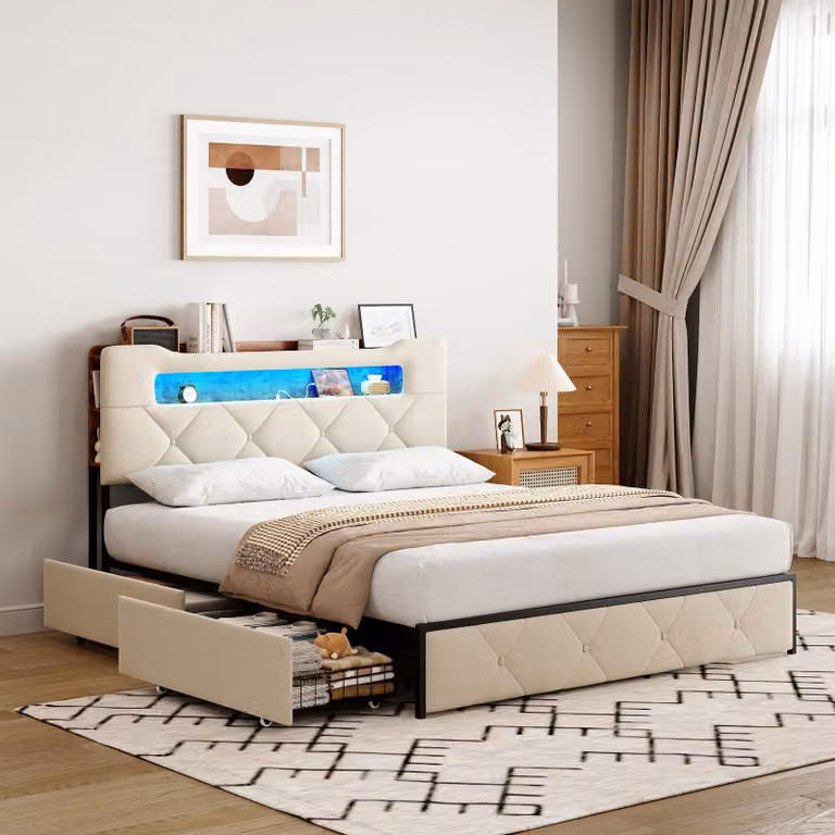 Fortuna Lai letto imbottito 140x190cm con LED e USB, letto matrimoniale con testiera e 4 cassetti, letto in metallo funzionale letto per bambini, velluto beige