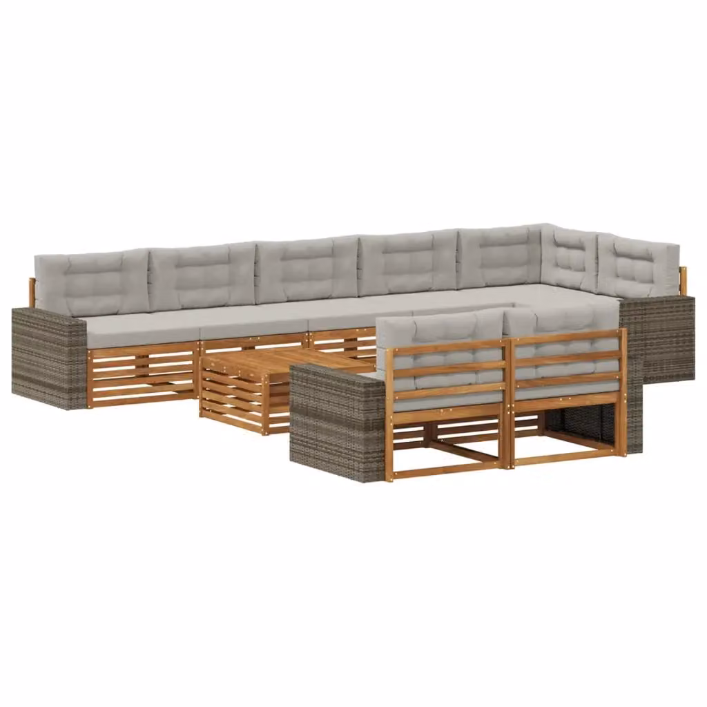 Set di divani da esterno a forma di U vidaXL in legno di acacia con cuscini beige e grigi, 9 pezzi – 2