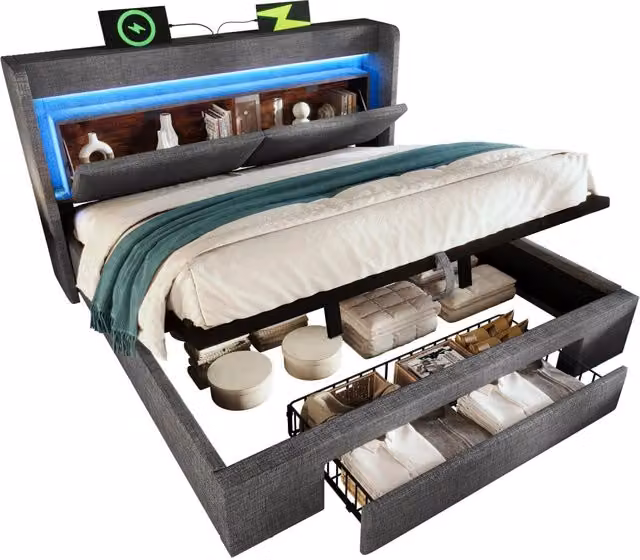 Letto matrimoniale 140x200 cm con contenitore idraulico; LED e porte USB e USB-C; grigio