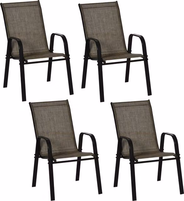 Set di 4 sedie da esterno Outsunny in metallo e tessuto traspirante textilene, modello impilabile salvaspazio, colore marrone