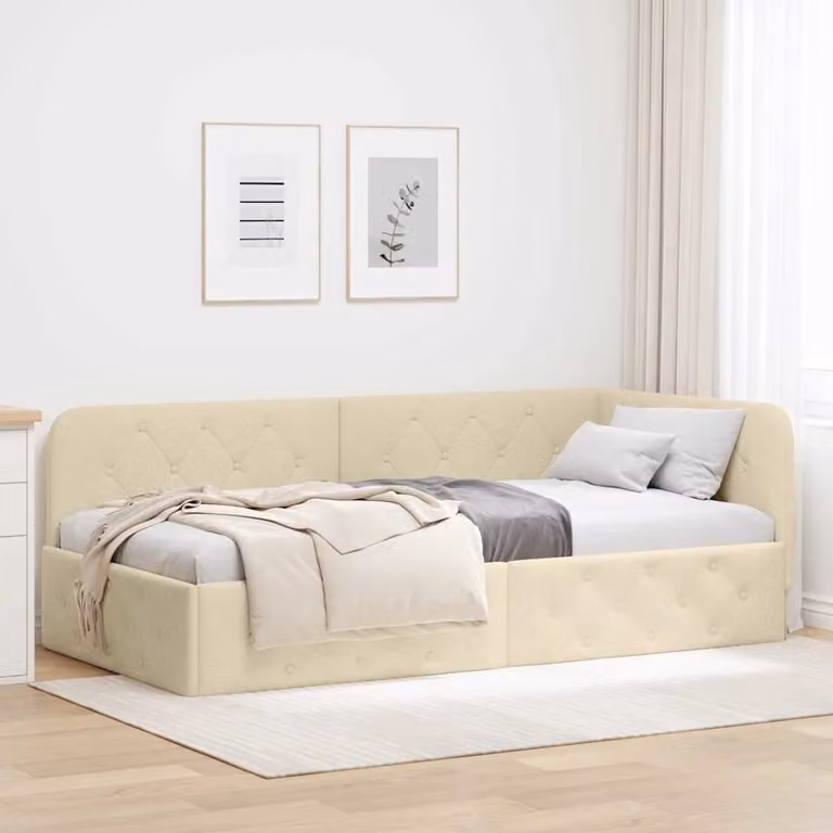 vidaXL Cornice del letto ad angolo in tessuto beige L/P/H: 200 x 90 x 40 cm