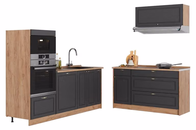 Cucina Vicco Fame-Line Oro-antracite rustico/Rovere dorato 340 cm senza piano di lavoro, Model 63888