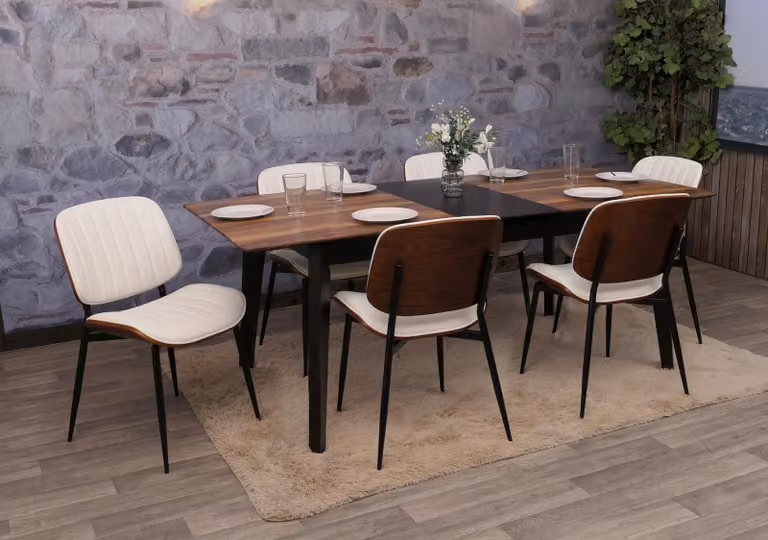 Set di 6 sedie da pranzo modello HWC-O44, sedia per cucina, realizzata con impiallacciatura di faggio e rivestita in ecopelle, finitura effetto noce, colore bianco