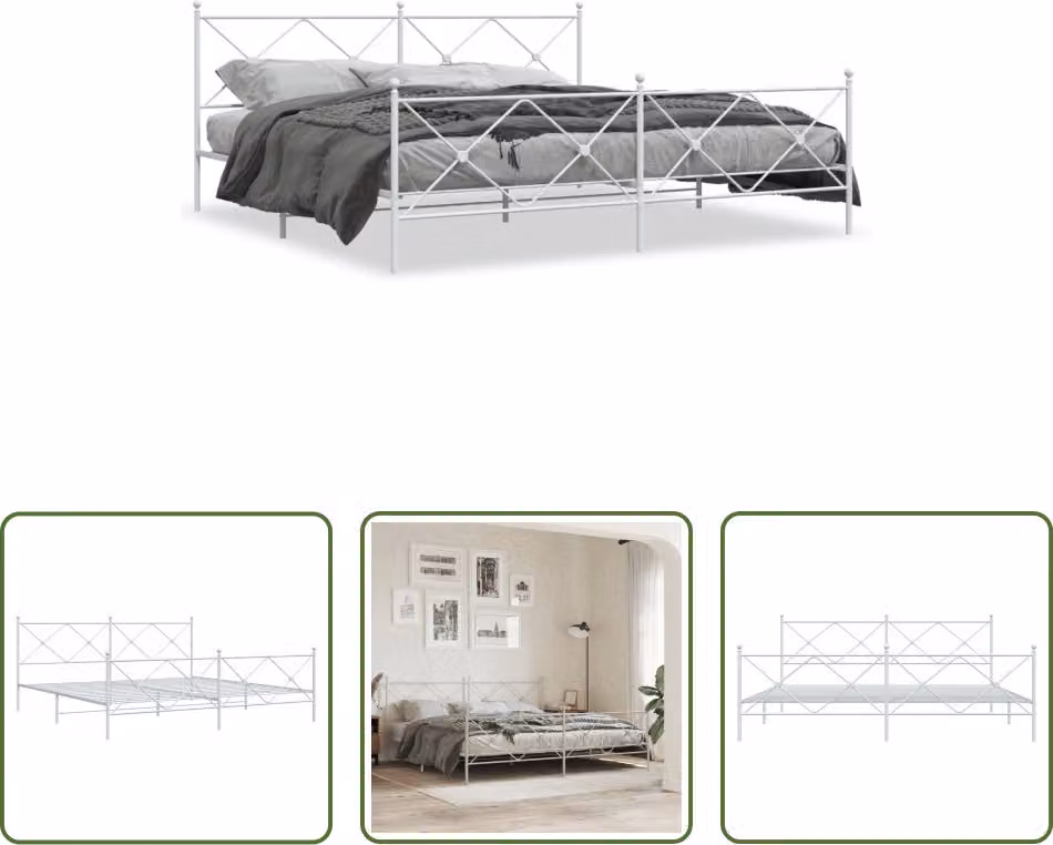 The Living Store Struttura letto con testiera e pediera in metallo bianco 200x200 cm