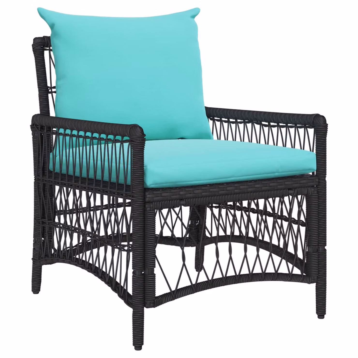 Sedia da giardino moderna vidaXL in polyrattan nero con cuscini turchesi e braccioli