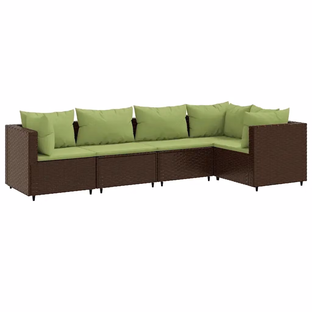vidaXL Set Divani da Giardino 5 pz a Forma a L con Cuscini Marrone e Verde in Polyrattan e Metallo – 2
