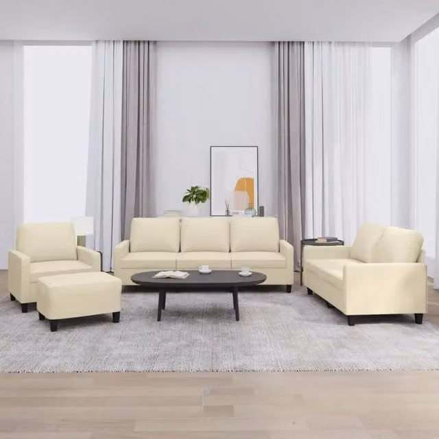 Set di divani moderno vidaXL in similpelle beige composto da divano a 3 posti, divano a 2 posti e pouf con cuscini inclusi – 1