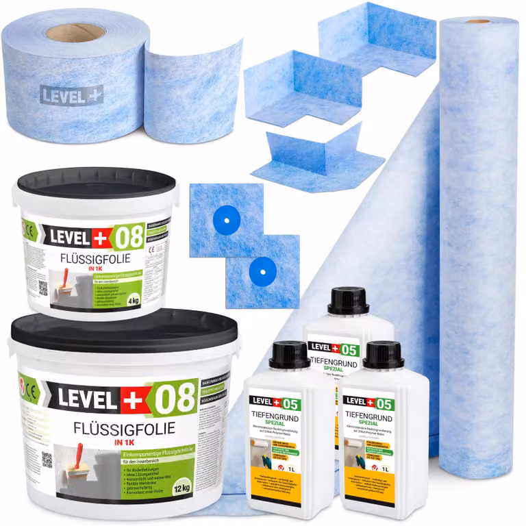 Set di guarnizioni in pellicola liquida per l'impermeabilizzazione del bagno da 16 kg Nastro di tenuta Membrana di tenuta HQ LEVEL+ SET44