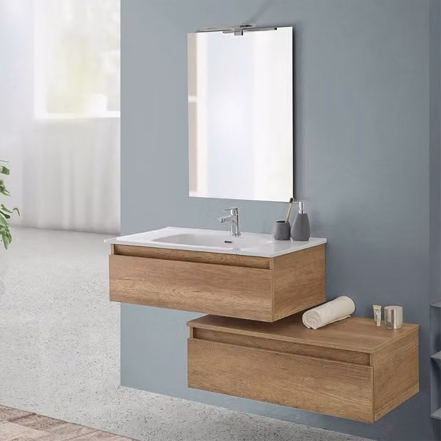 Mobile bagno sospeso 90 cm rovere naturale con base lavabo e cassetto Nadia