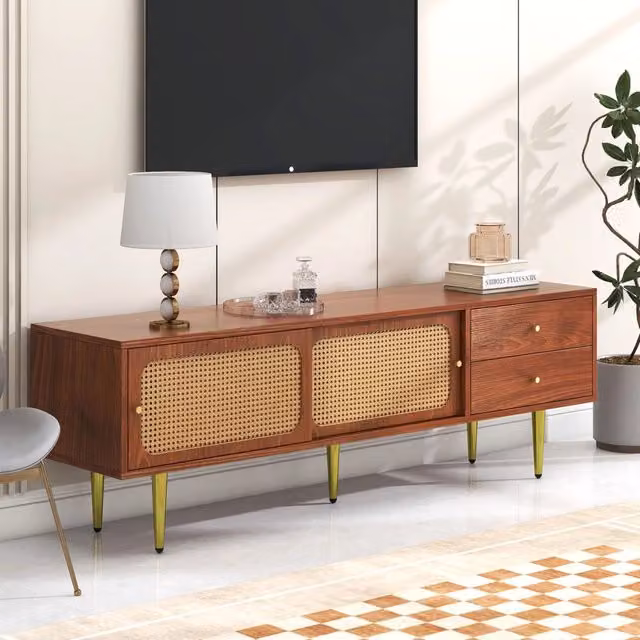 Mobile TV moderno 160x40x60 cm in MDF noce con ante scorrevoli effetto rattan e 2 cassetti