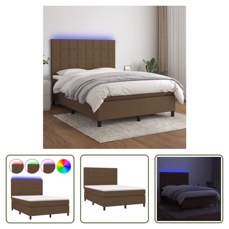 The Living Store Letto a molle con materasso e LED in tessuto marrone scuro 140x190 cm