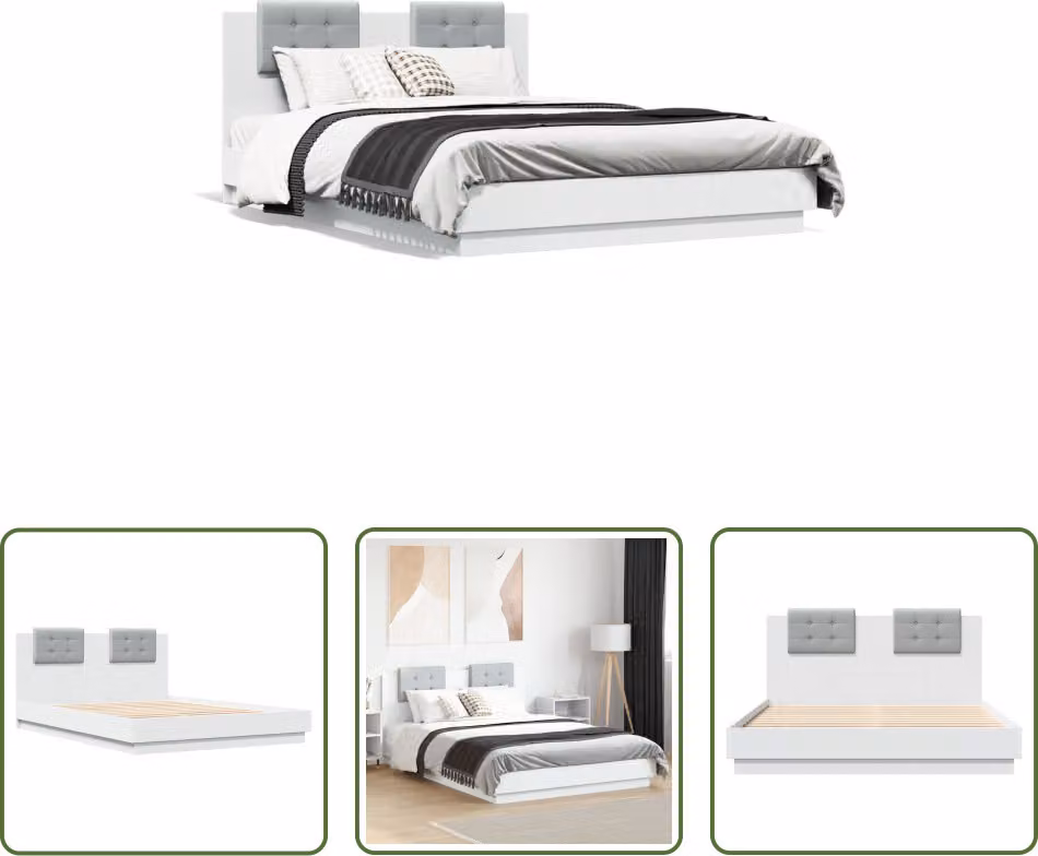 The Living Store Giroletto con testiera bianco 150x200 cm in materiale ligneo