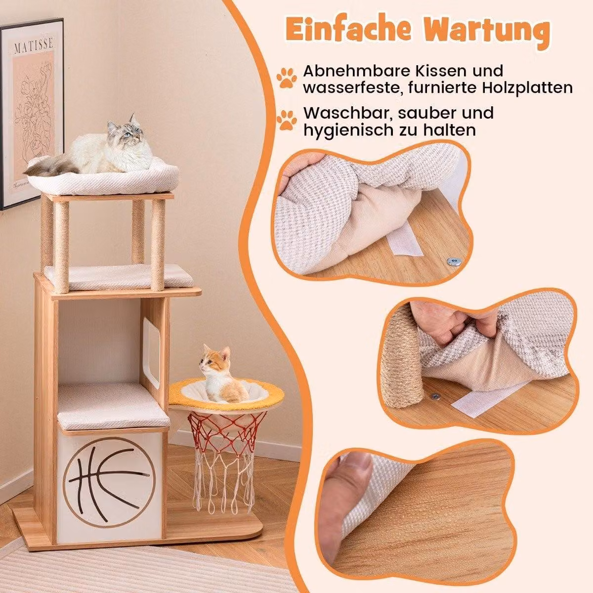 Graffiatoio in legno 120 cm Torre di arrampicata a tema sportivo con casetta per gatti a 2 livelli Naturale