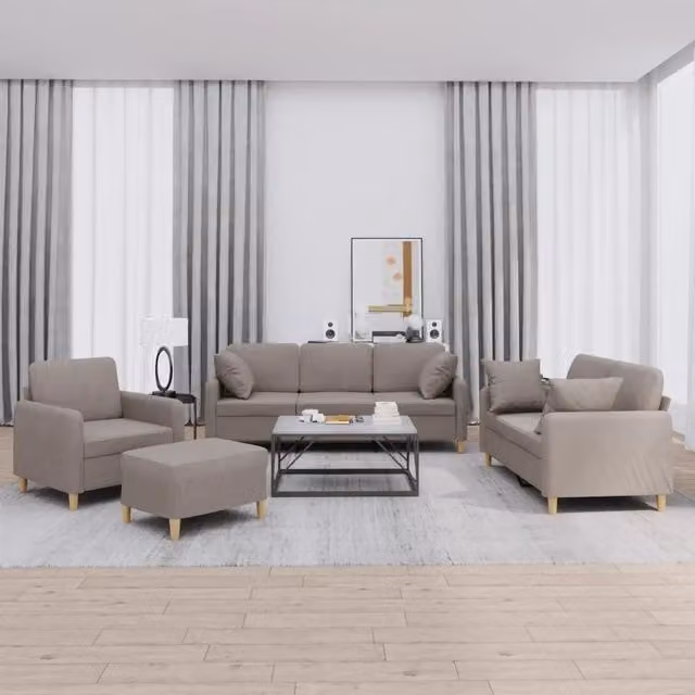 Set di Divani Moderno vidaXL in Tessuto Beige con Ottoman e Cuscini, Composto da Divano a 3 Posti, Divano a 2 Posti e Pouf