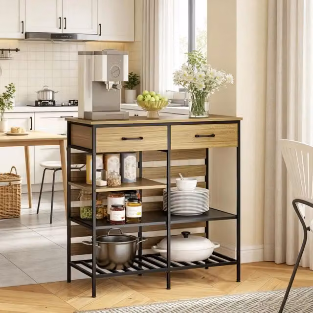 Credenza da cucina, mobile contenitore con 2 cassetti e 3 vani a giorno, mobile da cucina per soggiorno e sala da pranzo