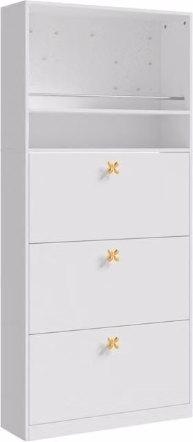 Armadio per scarpe bianco con 3 scomparti a ribalta, 2 ripiani aperti e maniglie dorate, 80x24x178,5 cm