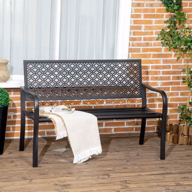 Panca da giardino ULEVR 127x63x83 cm per 2 persone con schienale e braccioli, acciaio nero motivo floreale