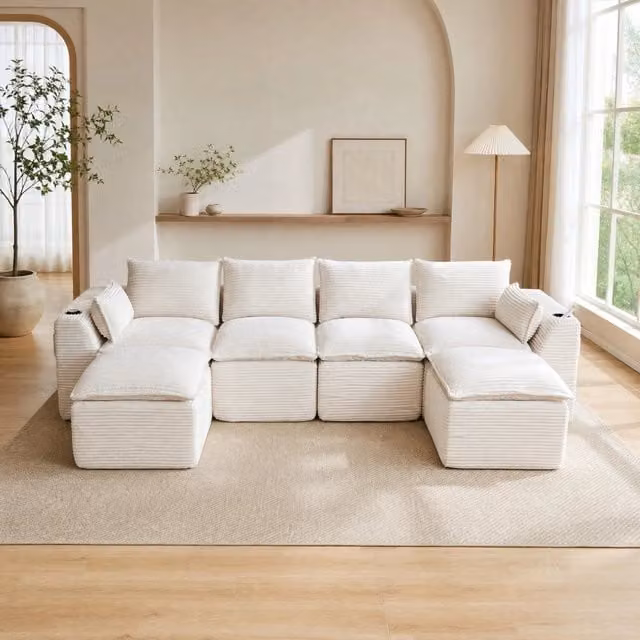 Divano modulare 4 posti combinabile con tasche laterali; 322x161x75 cm; in corduroy beige