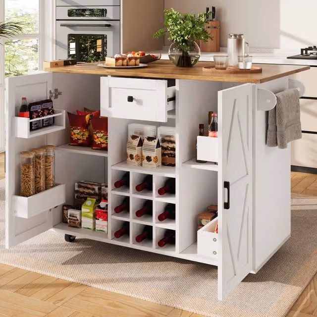 Isola da cucina moderna REDOM in MDF bianco, L: 137,5 cm, P: 65 cm, H: 95,6 cm