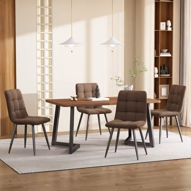 Set pranzo 5 pezzi noce e marrone, tavolo in MDF 117 cm con 4 sedie in velluto