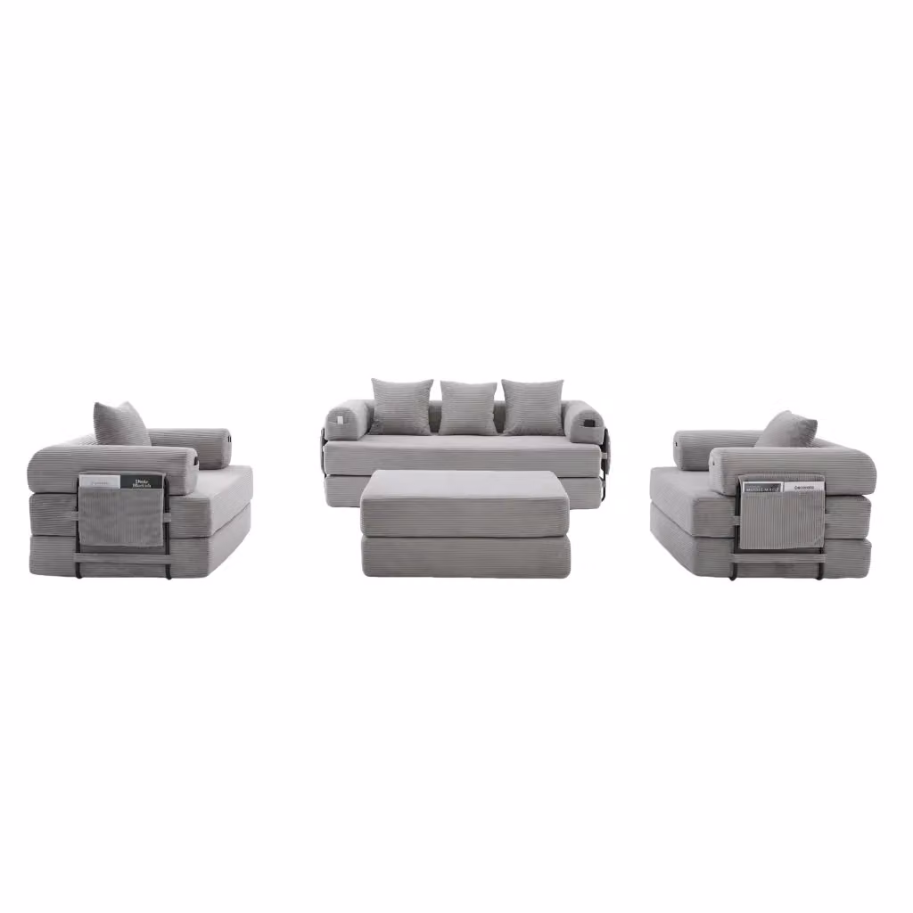 Divano modulare Chicfurn moderno in tessuto a coste grigio con cuscini reversibili e struttura in metallo L: 200 cm, P: 87,85 cm, H: 76,7 cm – 2