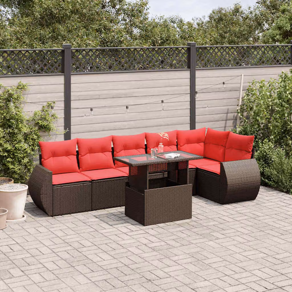 Set Divani da Giardino vidaXL 7 pz in Polyrattan Marrone con Cuscini e Tavolino