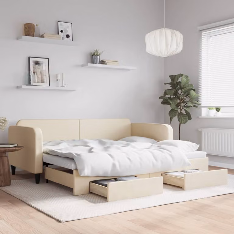 vidaXL Divano Letto Estraibile con Cassetti in Tessuto Beige L/P/H: 90 x 200 cm