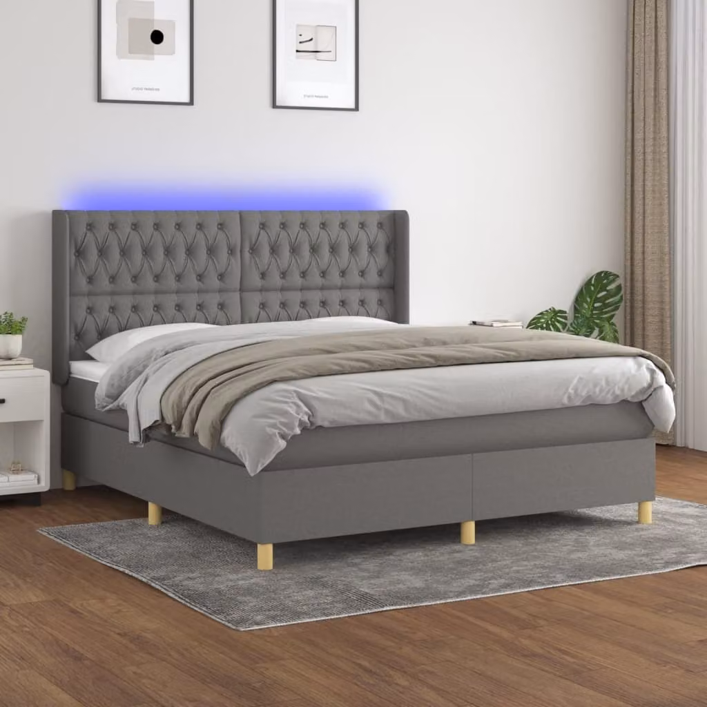 The Living Store Letto a molle con materasso e LED in tessuto grigio scuro 160x200 cm