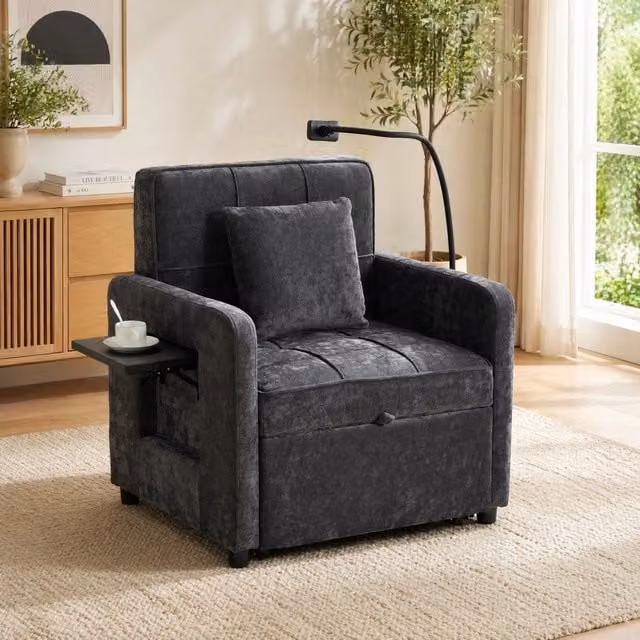 Poltrona letto 2 in 1 con schienale reclinabile; 167x79x83 cm; in ciniglia grigio scuro