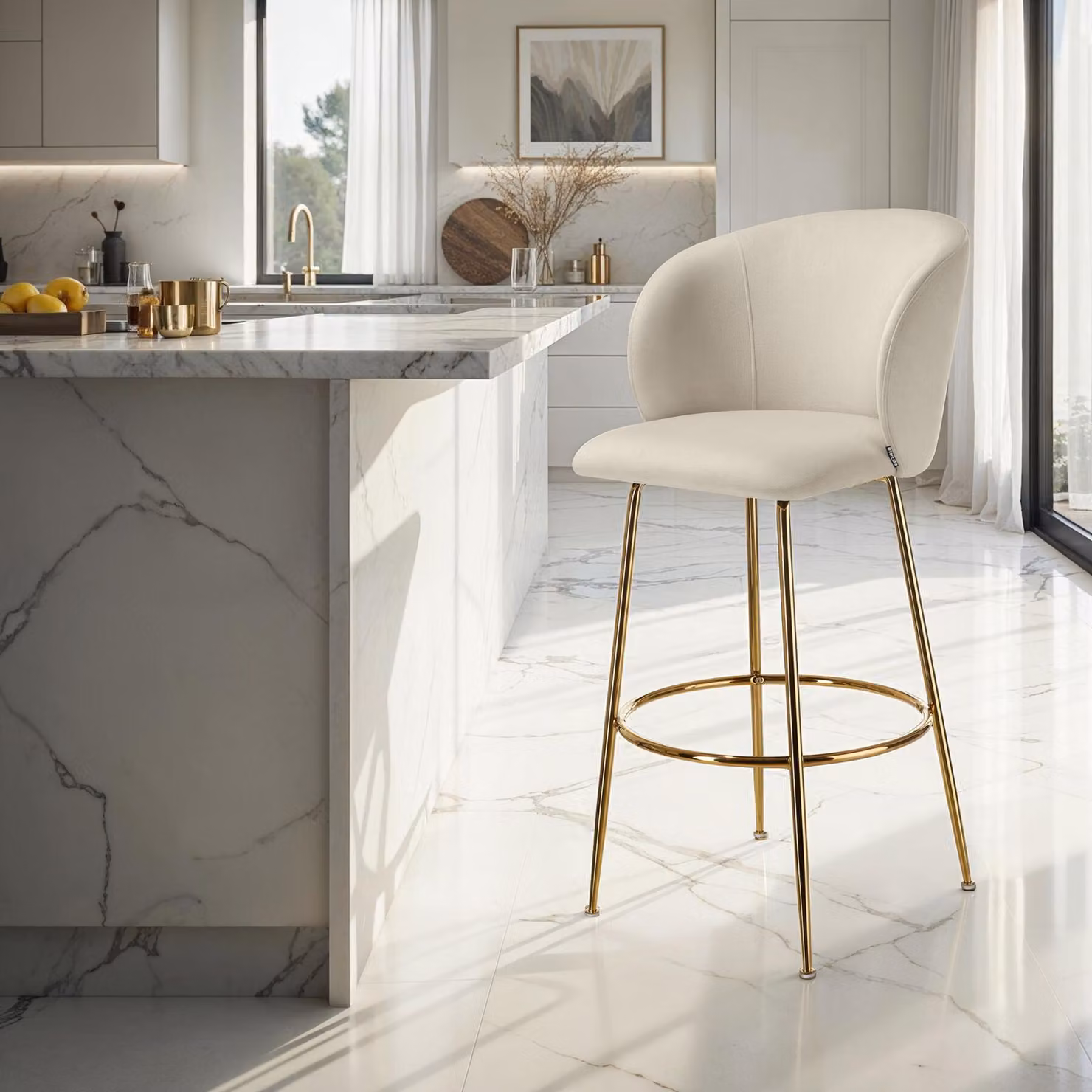 Set di 6 sgabelli moderni TecTake GmbH con schienale in velluto beige e dettagli oro per cucina e soggiorno – 2