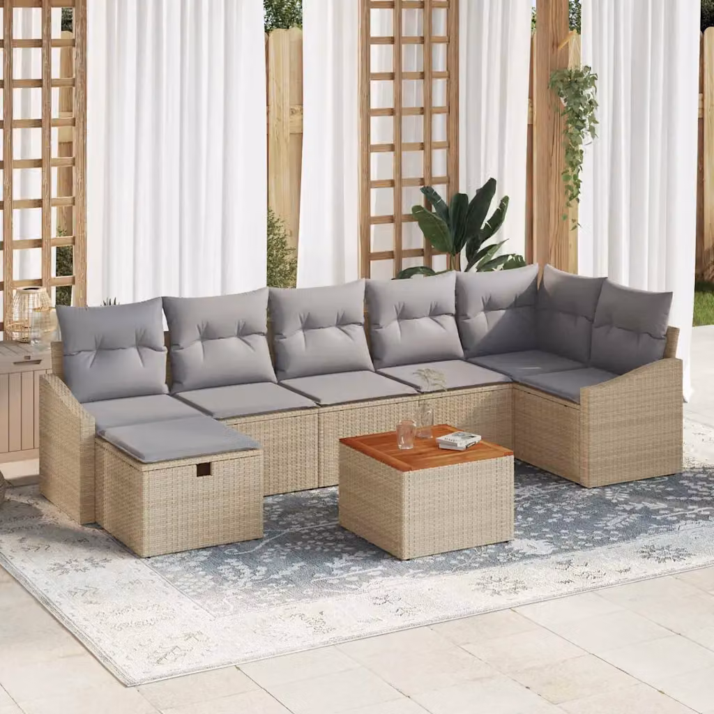Set Divano da Giardino vidaXL 8 Pezzi in Polyrattan Beige con Cuscini e Tavolino da Caffè – 1