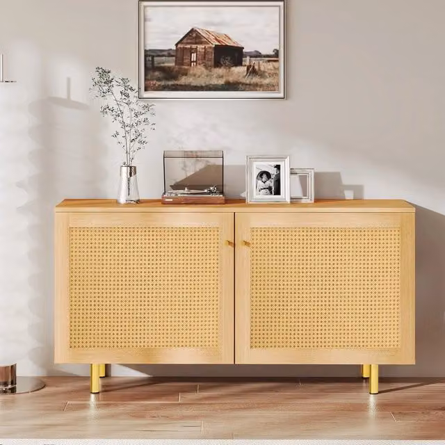 Credenza Minimal con Ante in Vimini e Legno Naturale, Colore Beige, L/P/H: 120 x 40 x 63 cm