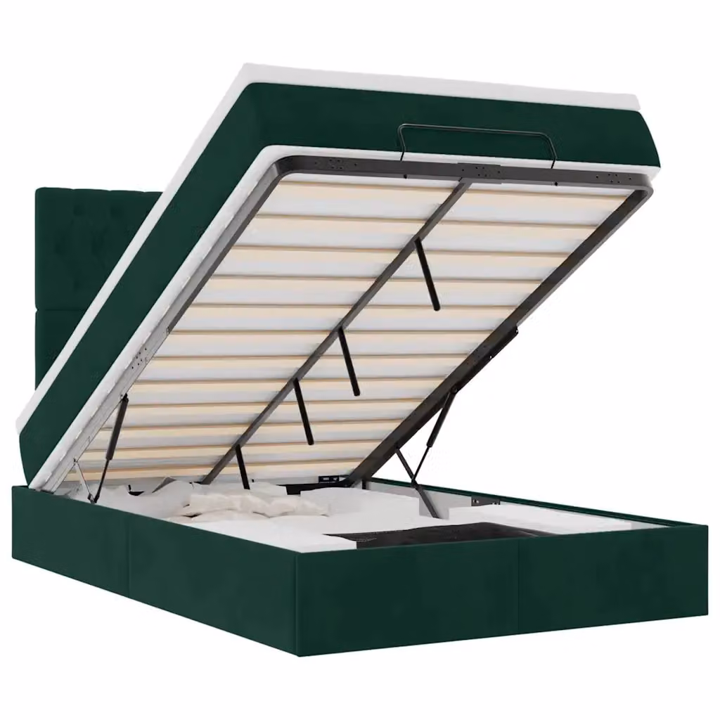 Letto con contenitore a sollevamento vidaXL in velluto verde e bianco con materasso L 120 x P 200 cm – 2