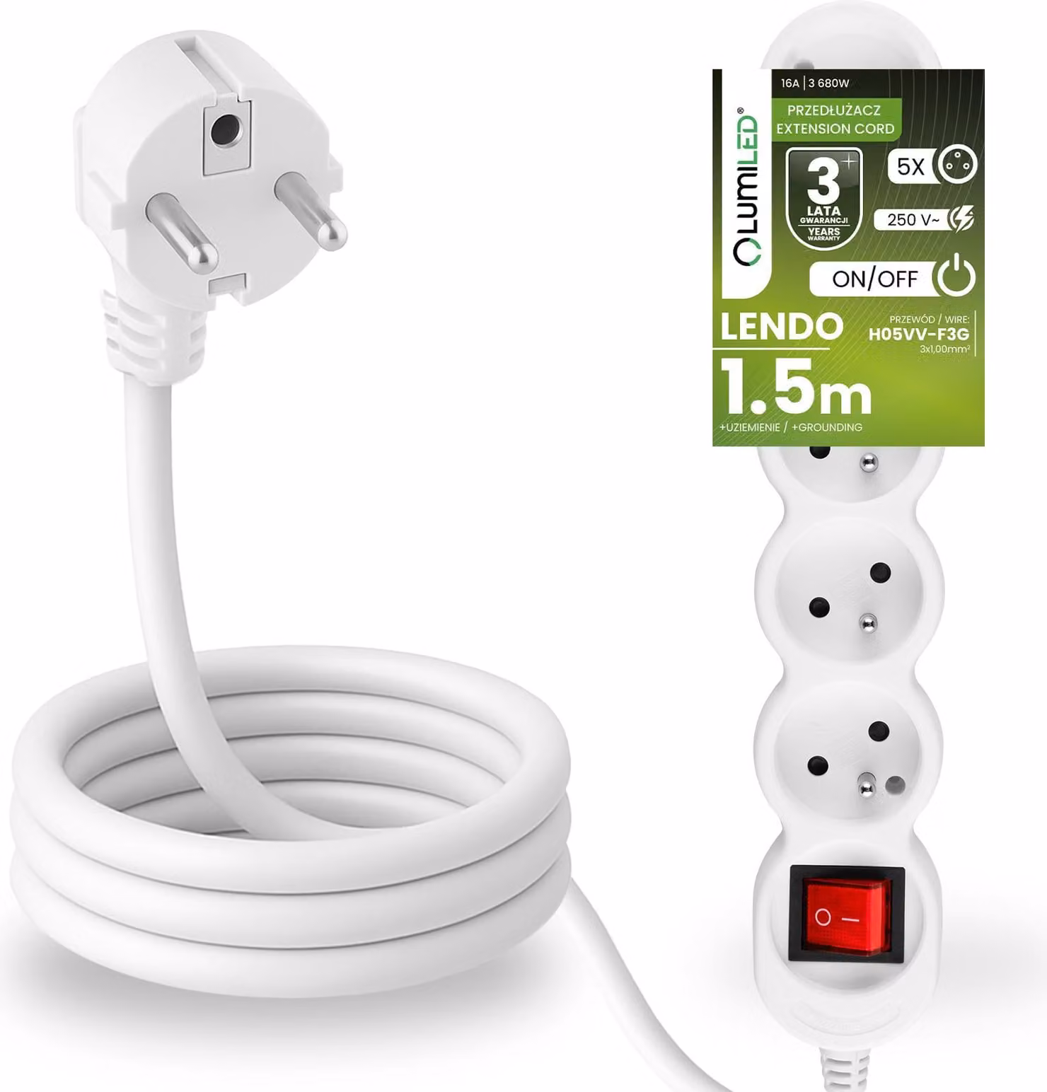 Presa multipla LUMILED con interruttore ON/OFFPresa a 5 vie tipo E, cavo da 1,5 m H05VV-F3G, bianco, presa multipla E 16A 3680W 250V IP20 Staffa per sospensione