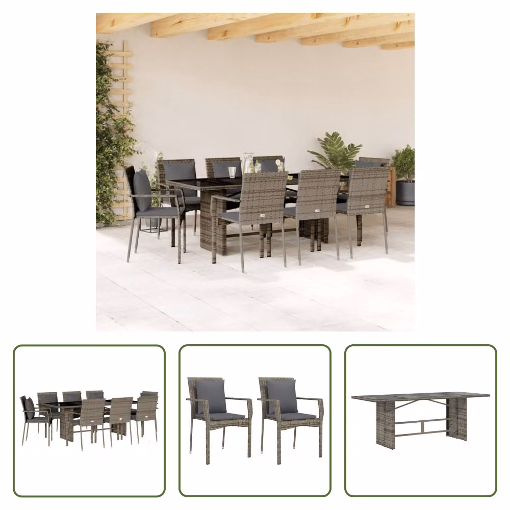The Living Store Set da pranzo da giardino 9 pezzi con cuscini in poly rattan grigio