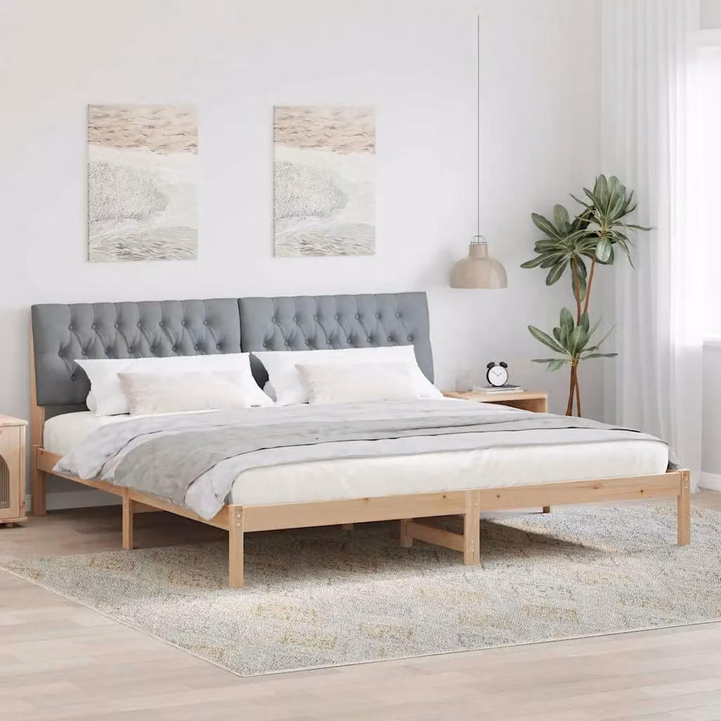 Letto moderno vidaXL con testiera rivestita in tessuto e struttura in legno di pino, Marrone/Grigio, 200 x 200 cm