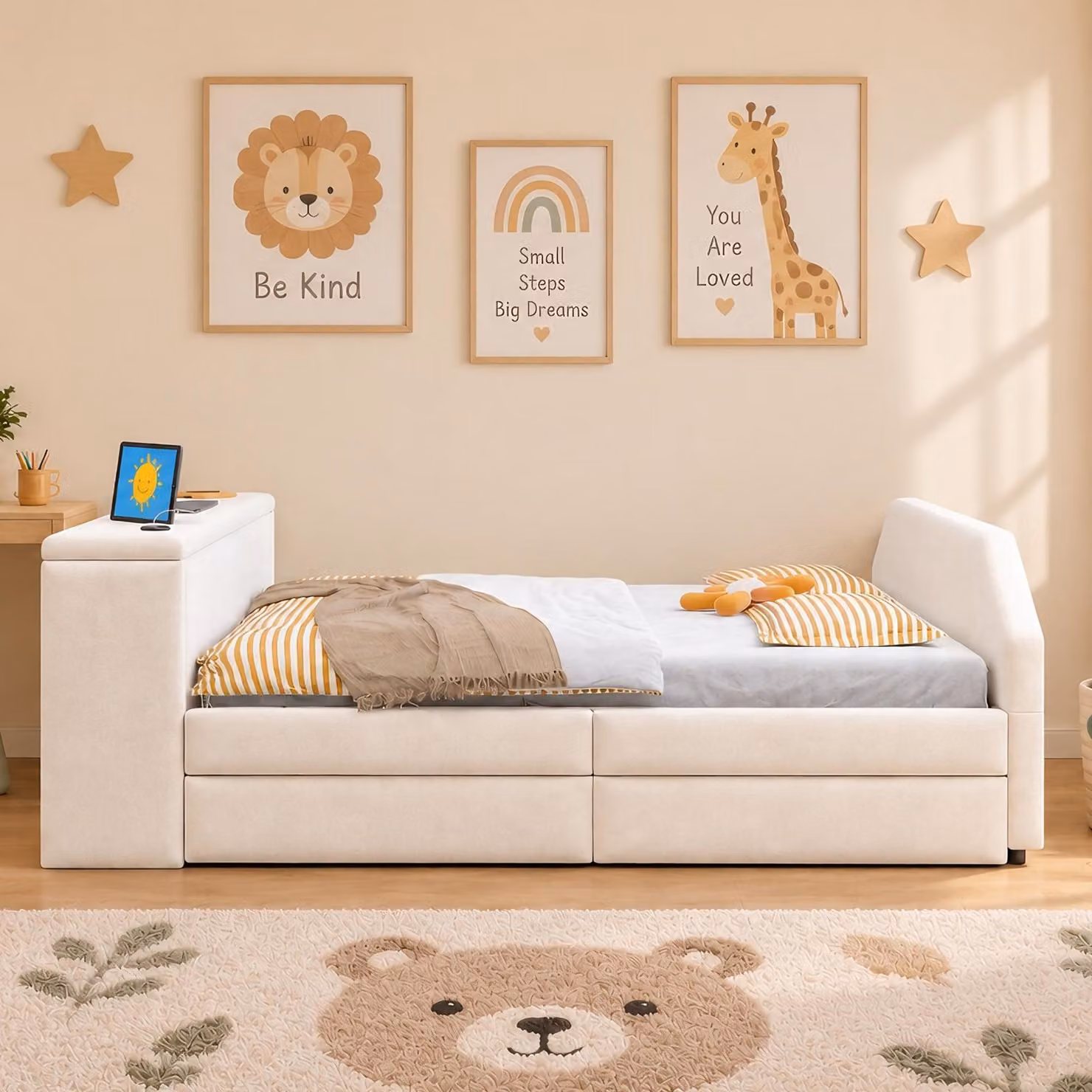 Letto imbottito Flieks, 90 x 200 cm, con scrivania, letto singolo con letto estraibile per ospiti, lettino per bambini con porta USB, colore beige, tessuto velluto, legno e metallo