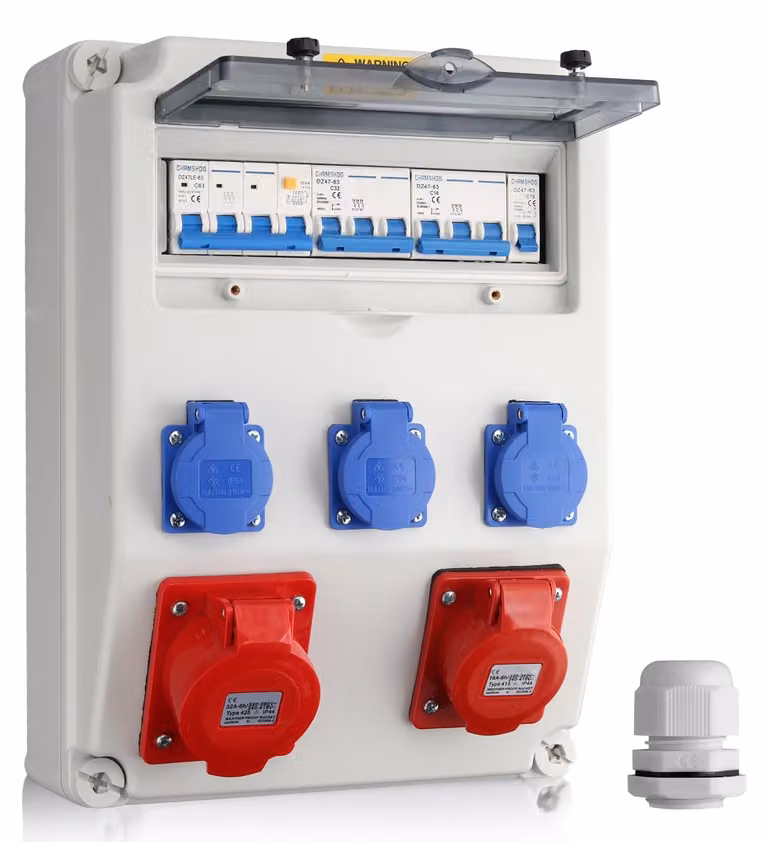 Distributore di corrente con interruttore differenziale (LS+FI), dotato di 3 prese Schuko da 230V e 2 prese CEE da 32A e 16A