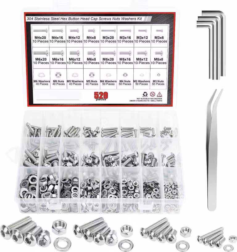 Assortimento di bulloni e dadi in acciaio inossidabile (M3–M6, 520 pezzi in argento)