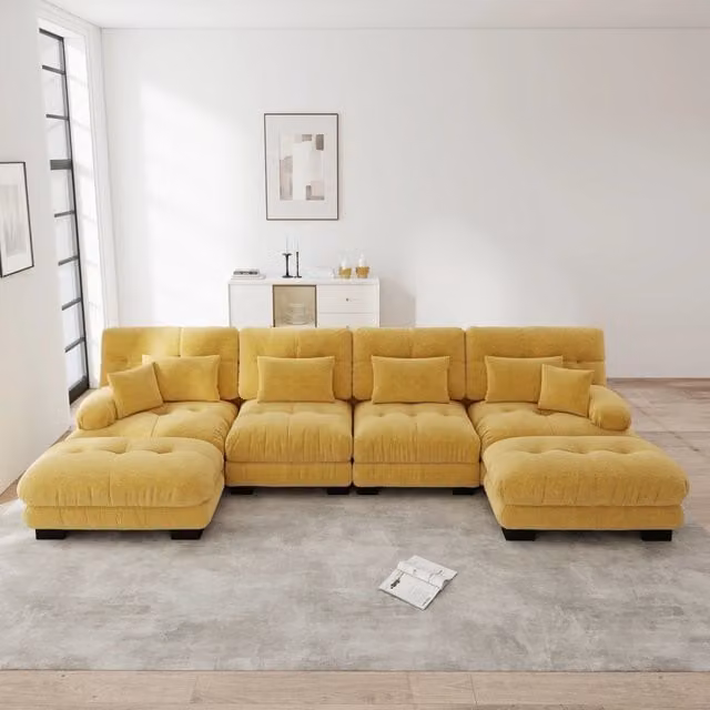 Divano modulare componibile 406x145x81 cm in ciniglia con pouf mobili; giallo