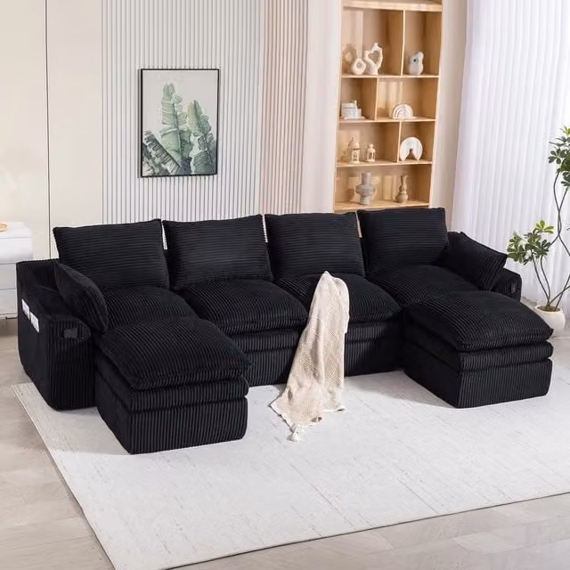 Divano Modulare Xylo a 4 Posti con 2 Pouf Nero in Tessuto a Coste e Velluto con Cuscini Inclusi